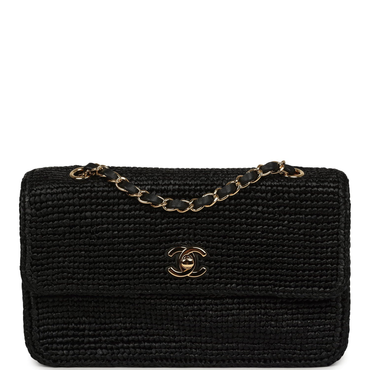 Chanel Small Flap Bag Black Braided Raffia Gold Hardware