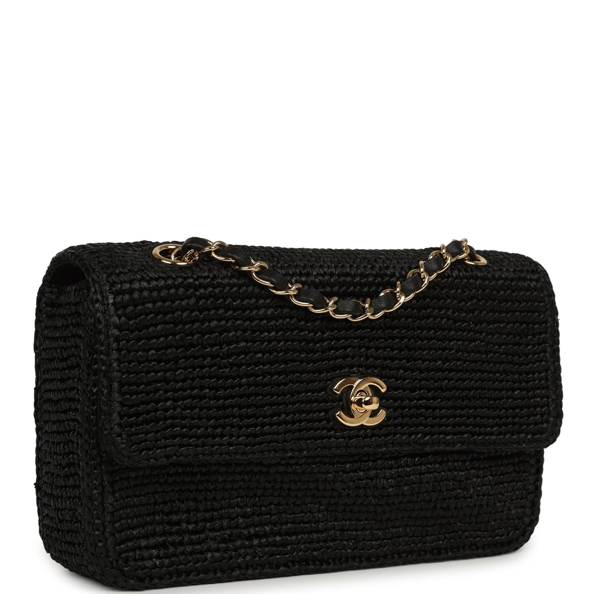 Chanel Small Flap Bag Black Braided Raffia Gold Hardware