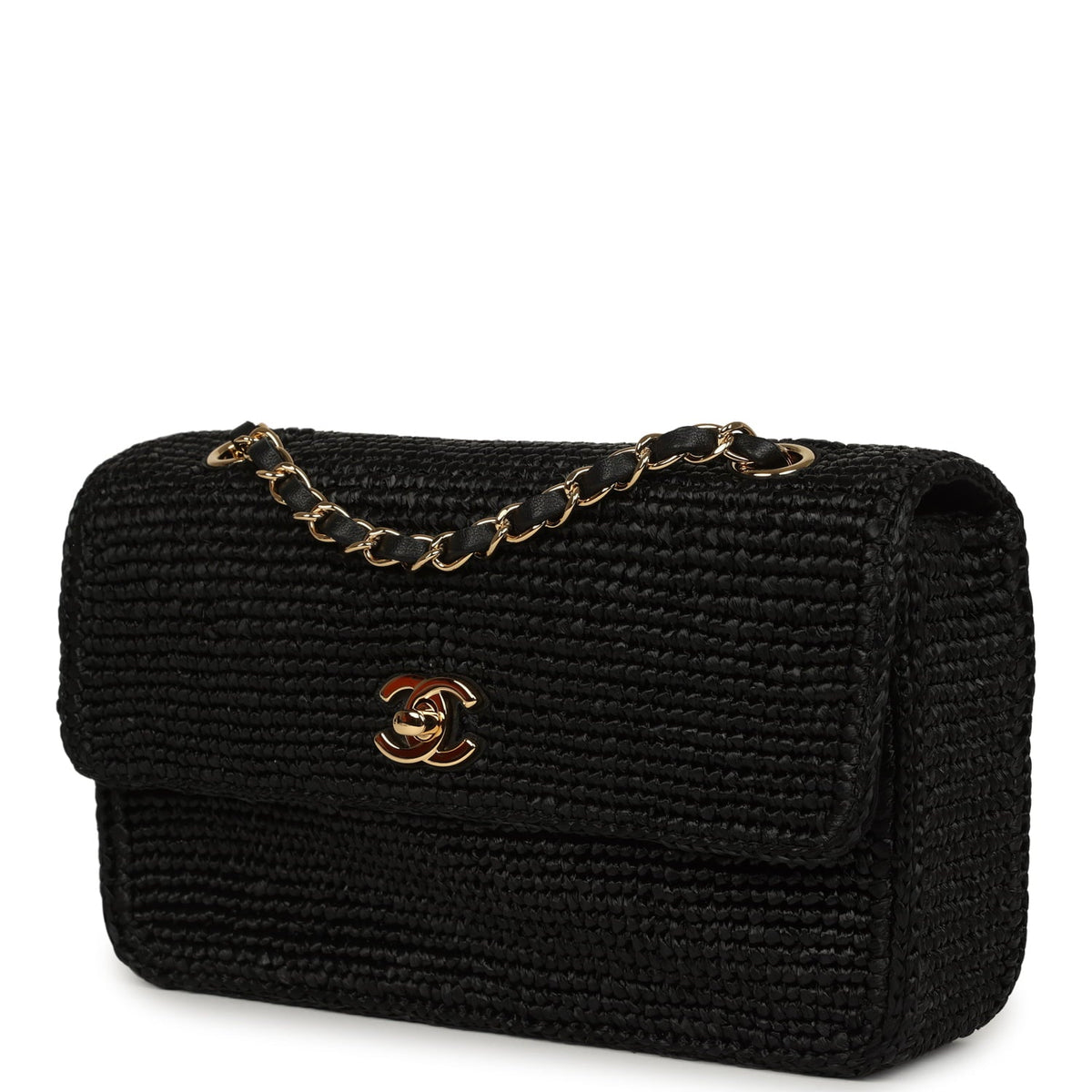 Chanel Small Flap Bag Black Braided Raffia Gold Hardware