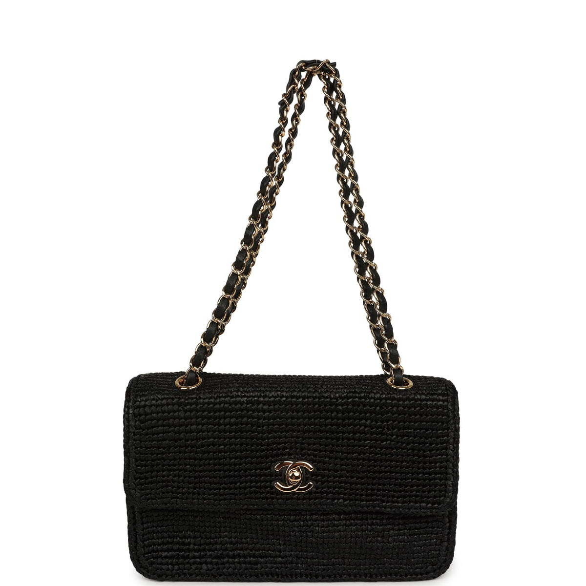 Chanel Small Flap Bag Black Braided Raffia Gold Hardware