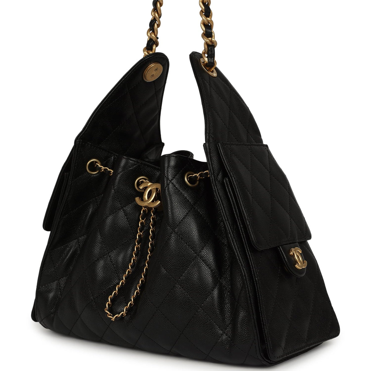 Pre-owned Chanel Small 25 Hobo Bag Black Caviar Antique Gold Hardware