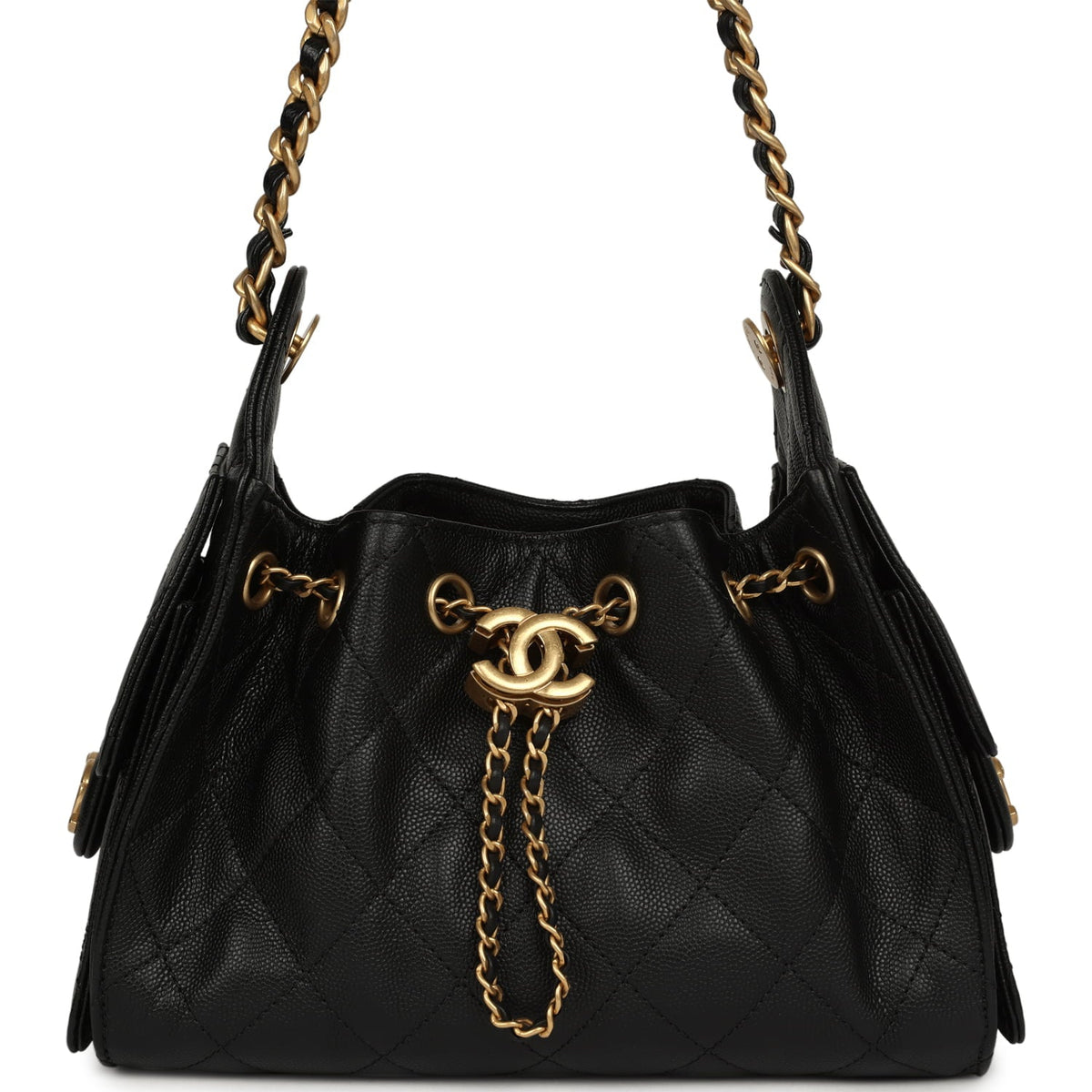 Pre-owned Chanel Mini 25 Hobo Bag Black Caviar Antique Gold Hardware