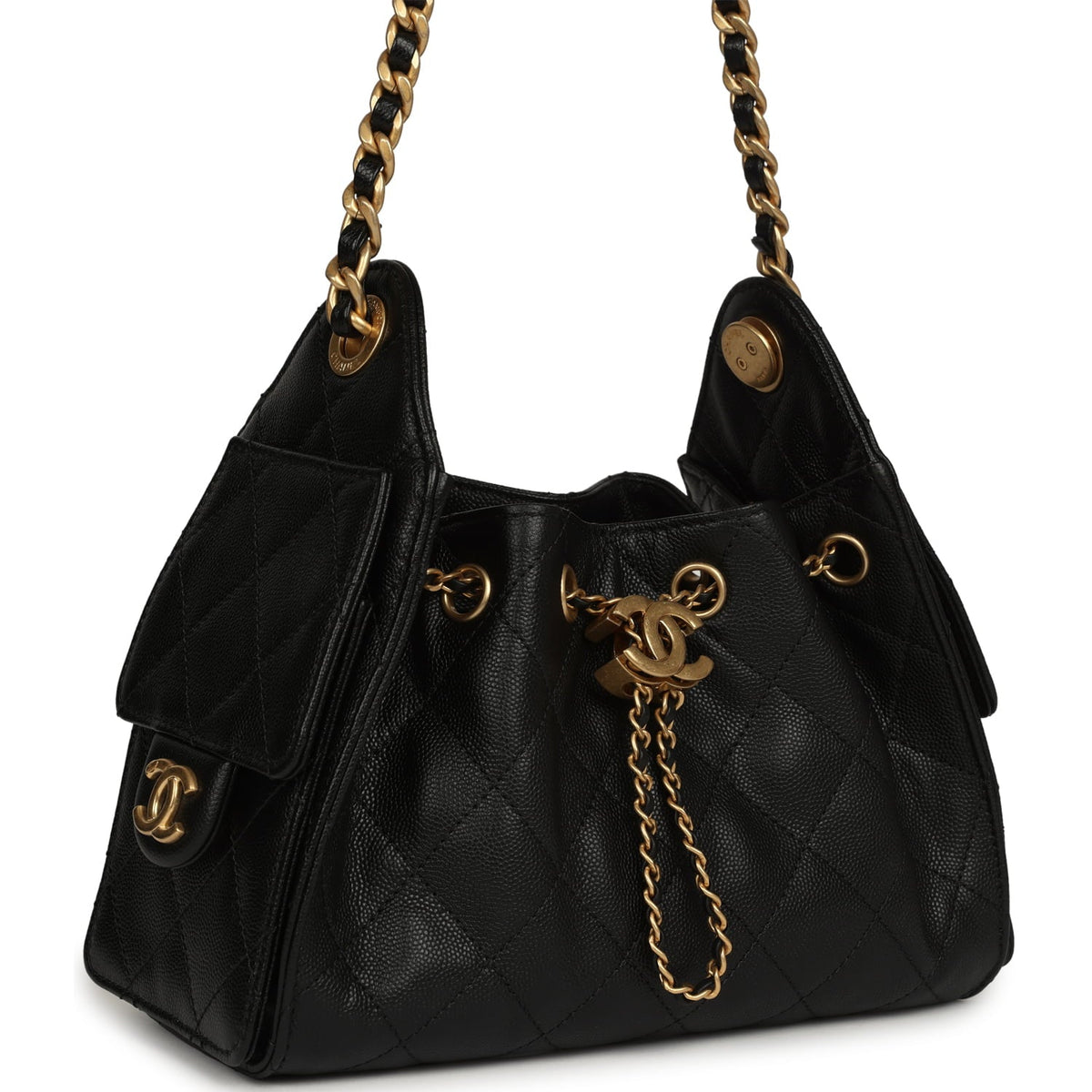 Pre-owned Chanel Mini 25 Hobo Bag Black Caviar Antique Gold Hardware