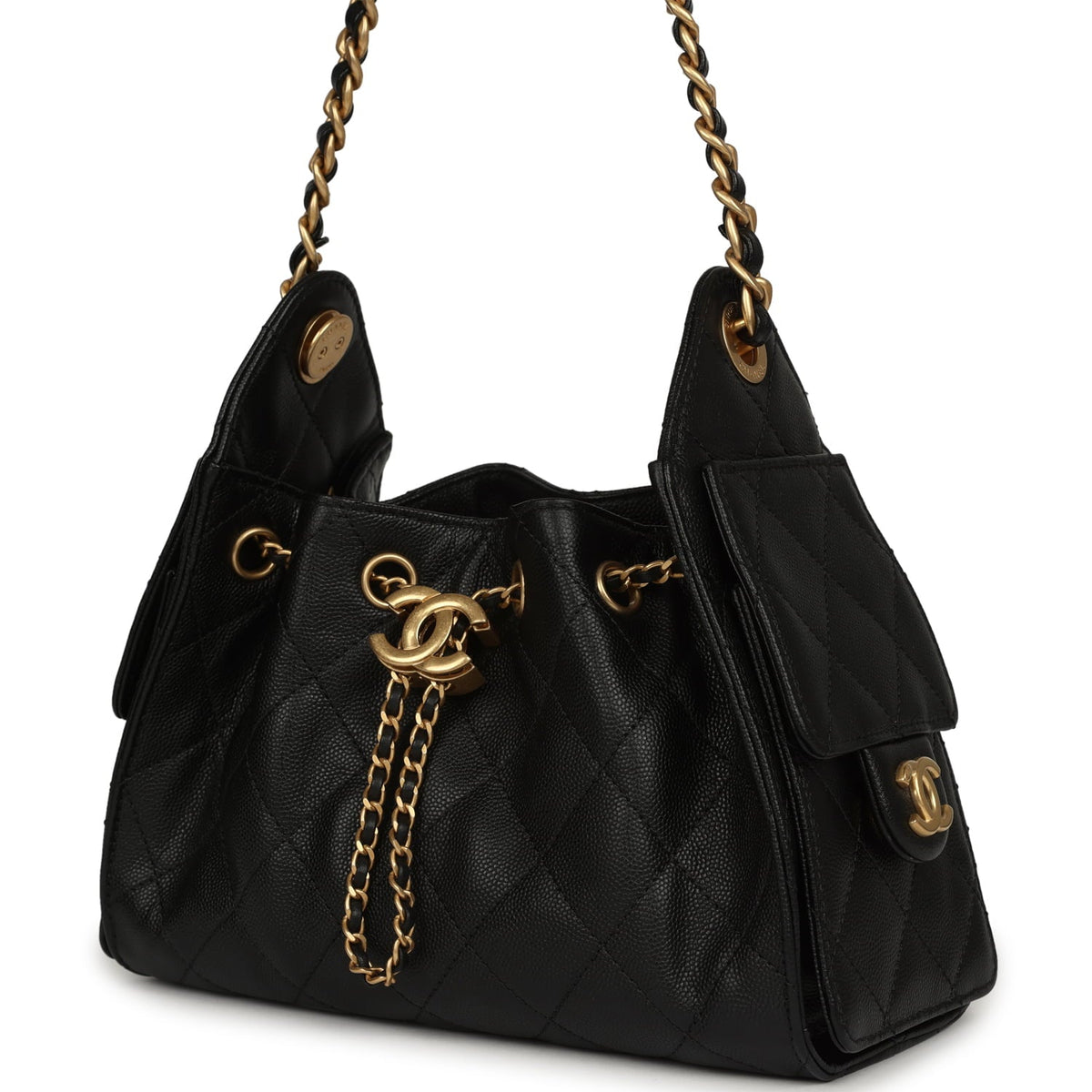 Pre-owned Chanel Mini 25 Hobo Bag Black Caviar Antique Gold Hardware