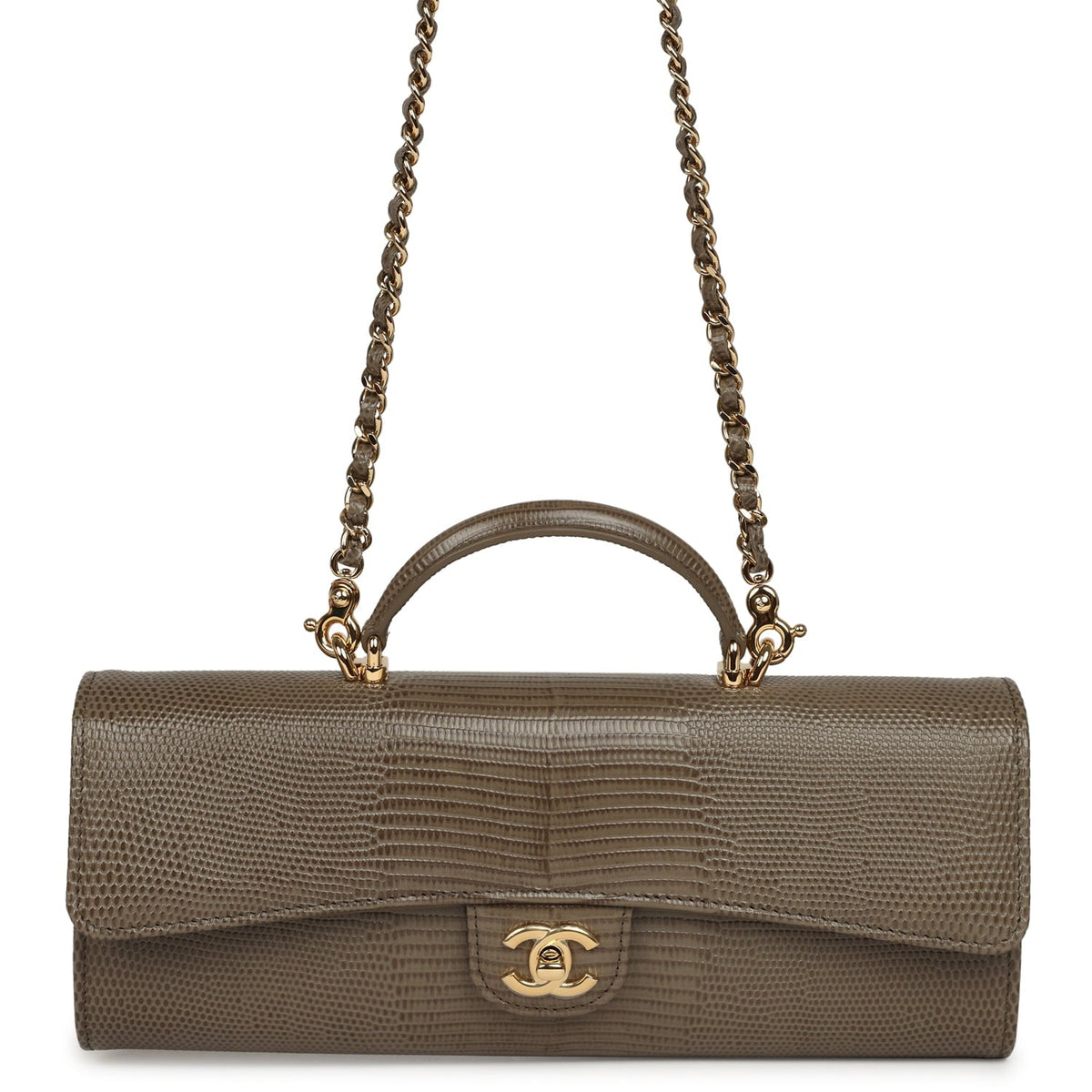 Chanel Long Top Handle Clutch with Chain Dark Khaki Lizard Embossed Calfskin Gold Hardware