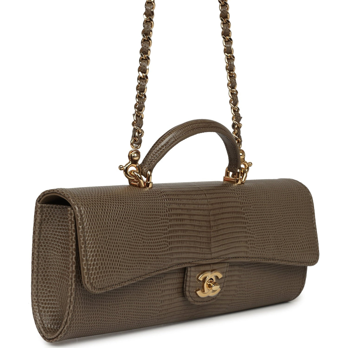Chanel Long Top Handle Clutch with Chain Dark Khaki Lizard Embossed Calfskin Gold Hardware