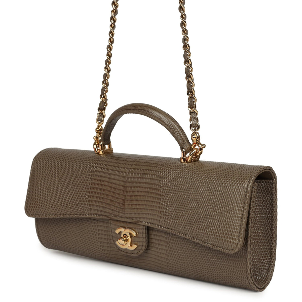 Chanel Long Top Handle Clutch with Chain Dark Khaki Lizard Embossed Calfskin Gold Hardware