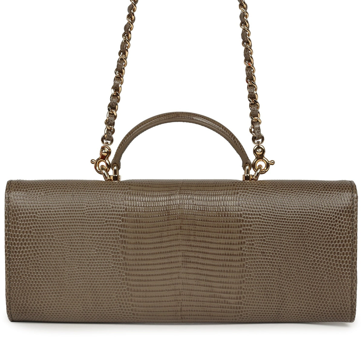 Chanel Long Top Handle Clutch with Chain Dark Khaki Lizard Embossed Calfskin Gold Hardware