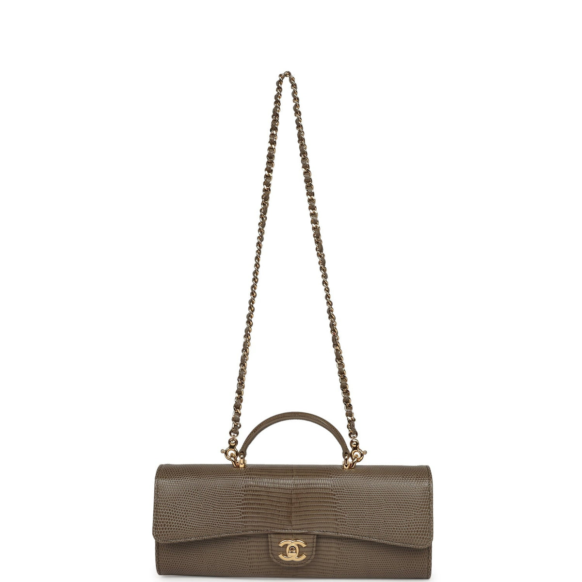 Chanel Long Top Handle Clutch with Chain Dark Khaki Lizard Embossed Calfskin Gold Hardware