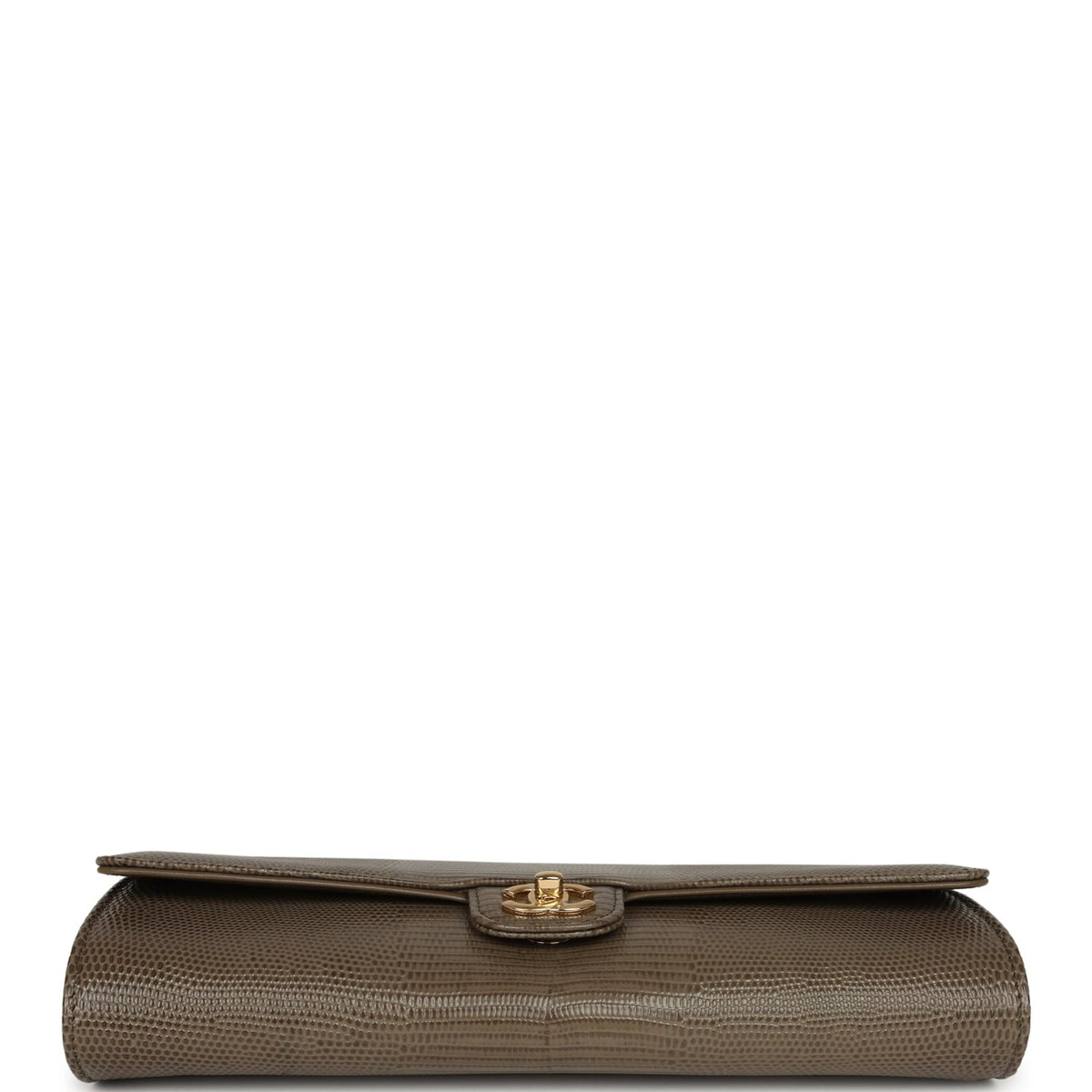 Chanel Long Top Handle Clutch with Chain Dark Khaki Lizard Embossed Calfskin Gold Hardware