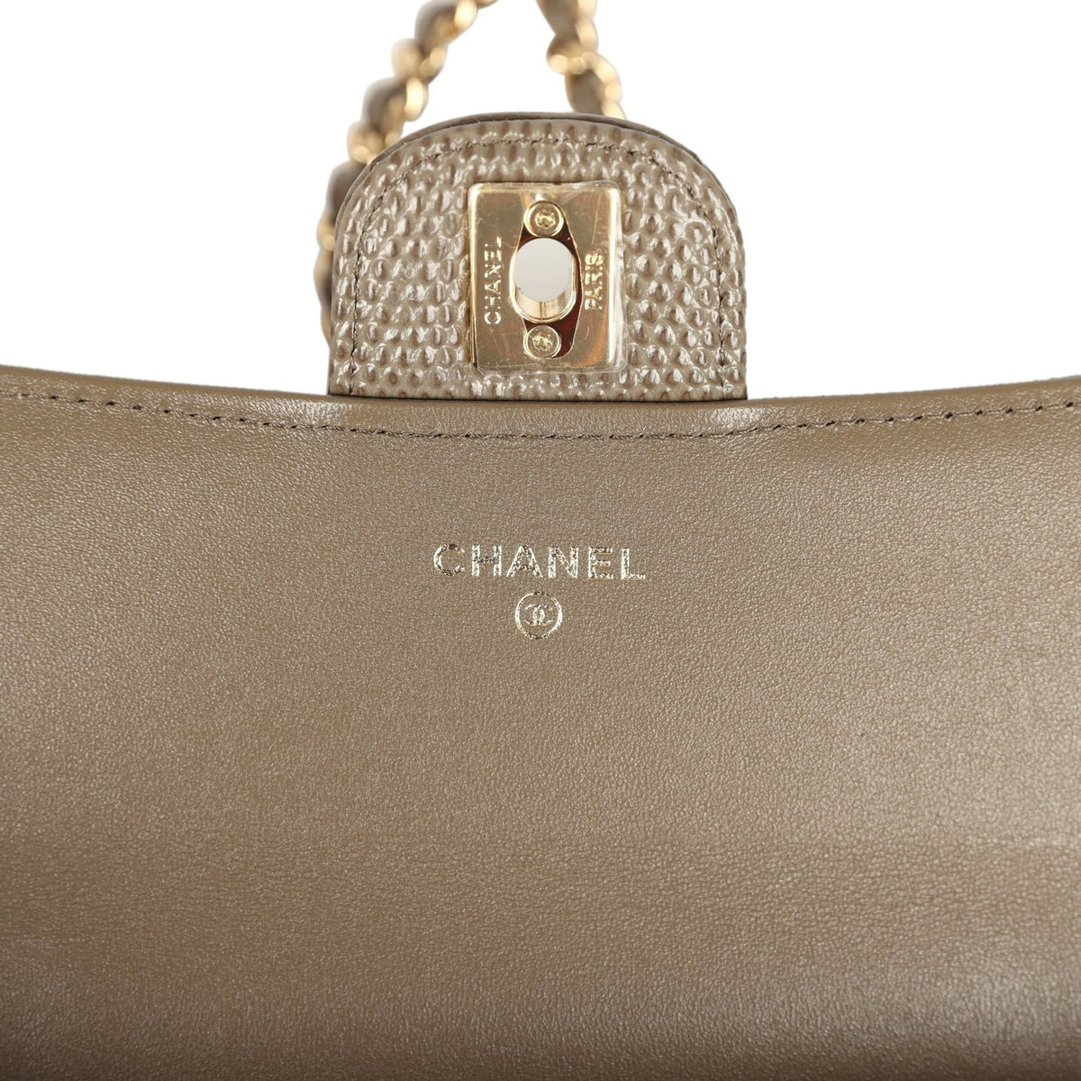 Chanel Long Top Handle Clutch with Chain Dark Khaki Lizard Embossed Calfskin Gold Hardware