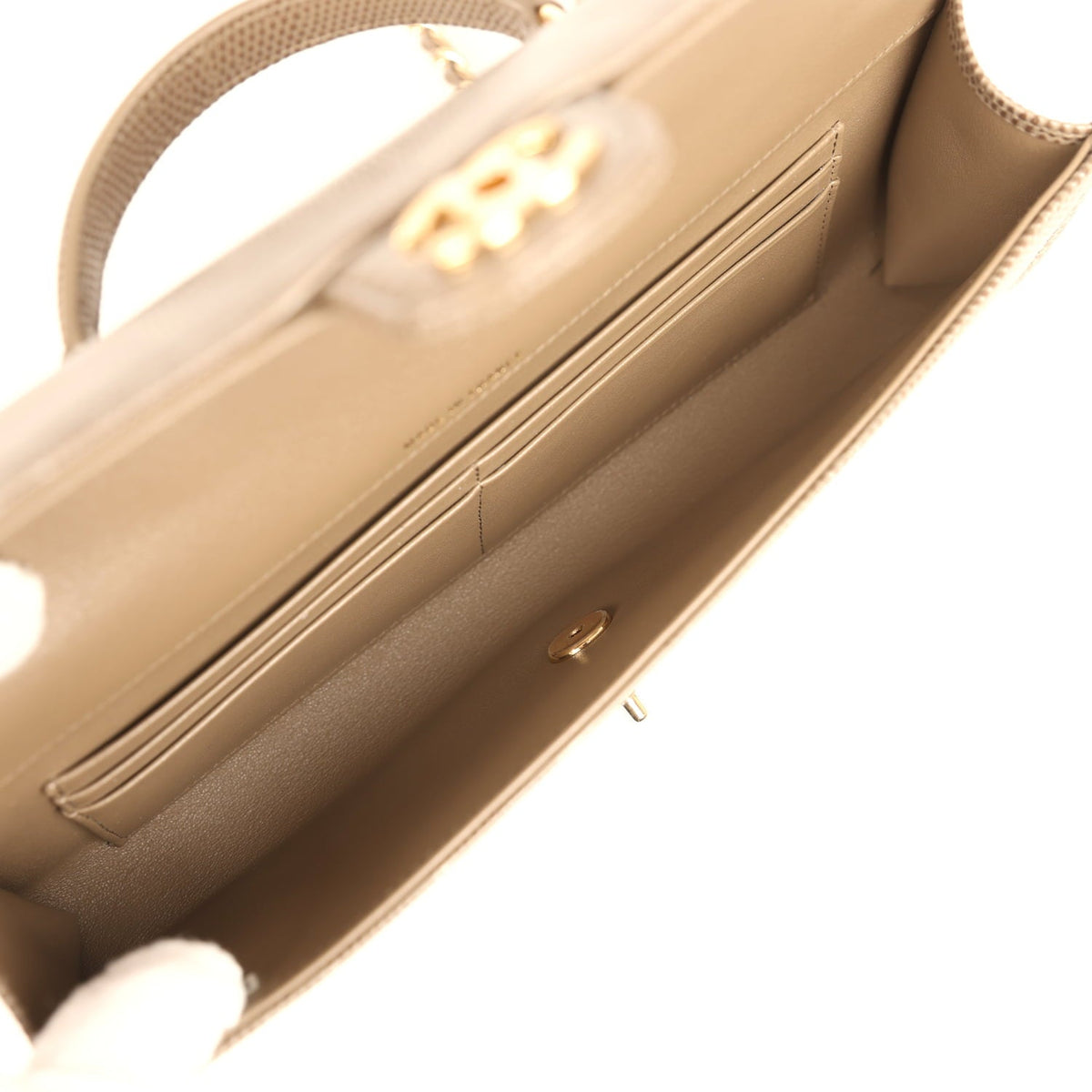 Chanel Long Top Handle Clutch with Chain Dark Khaki Lizard Embossed Calfskin Gold Hardware