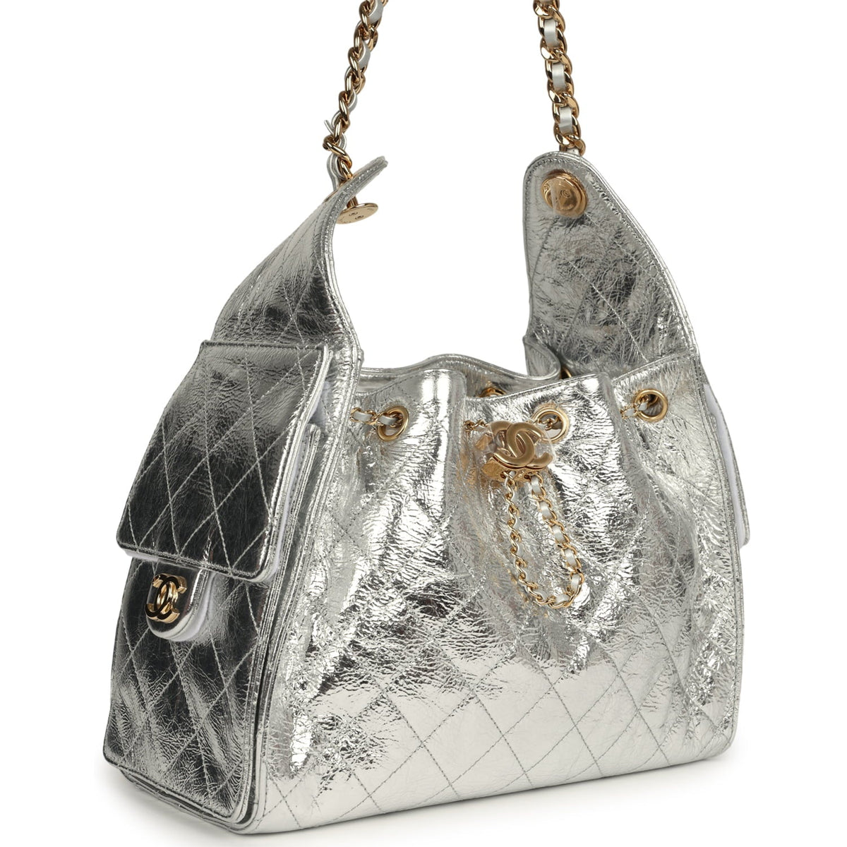 Chanel Small 25 Hobo Bag Silver Metallic Calfskin Gold Hardware