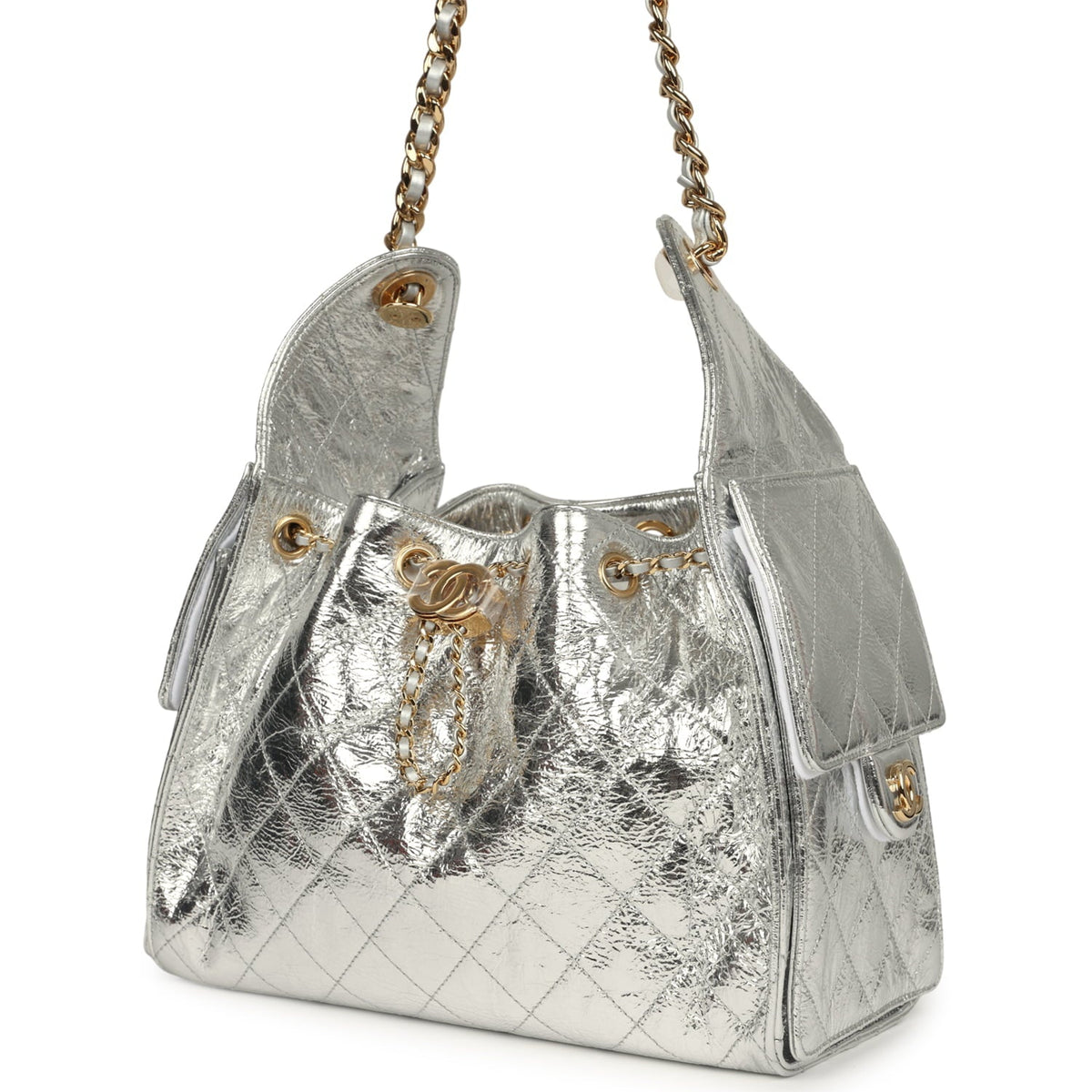 Chanel Small 25 Hobo Bag Silver Metallic Calfskin Gold Hardware