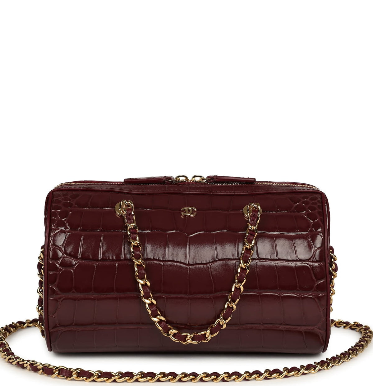 Chanel Mini Timeless Classic Barrel Bag with Chain Dark Burgundy Croco Embossed Calfskin Gold Hardware