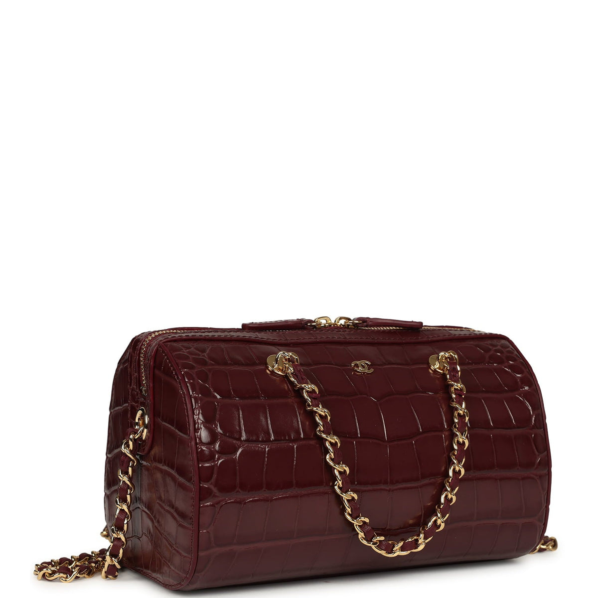 Chanel Mini Timeless Classic Barrel Bag with Chain Dark Burgundy Croco Embossed Calfskin Gold Hardware