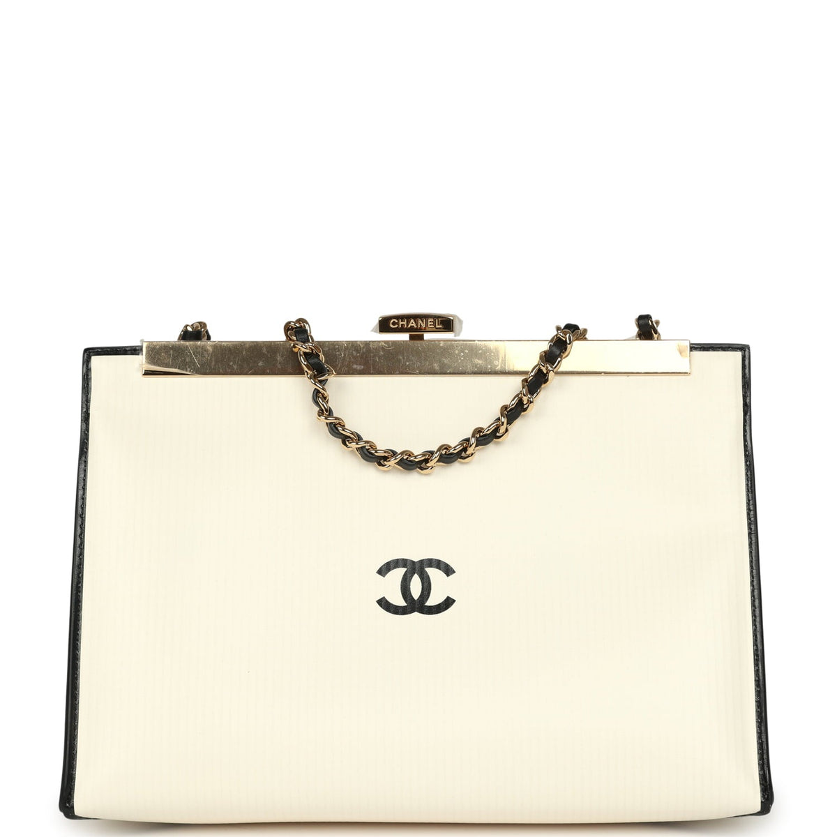 Chanel "Shop By Night" Clutch Bag White, Black Printed Calfskin Gold Hardware