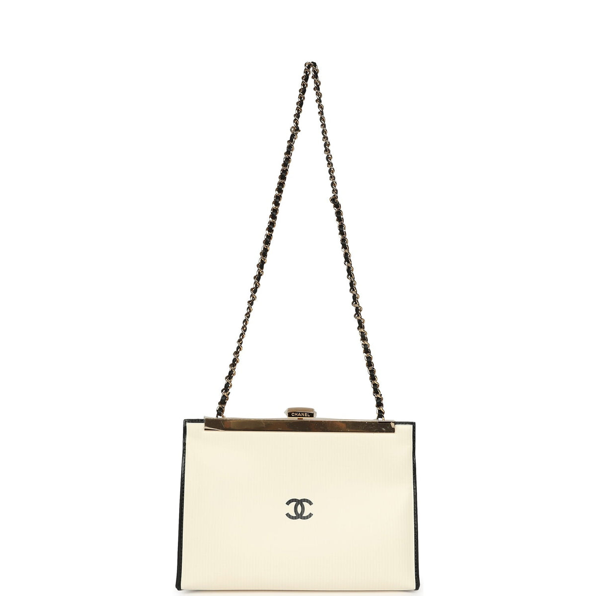 Chanel "Shop By Night" Clutch Bag White, Black Printed Calfskin Gold Hardware