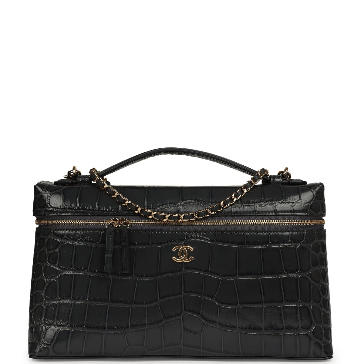 Chanel Large Top Handle Long Vanity Case Grey Croc Embossed Calfskin Gold Hardware