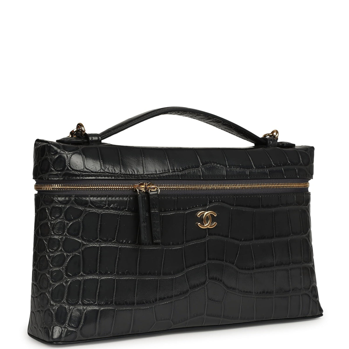 Chanel Large Top Handle Long Vanity Case Grey Croc Embossed Calfskin Gold Hardware