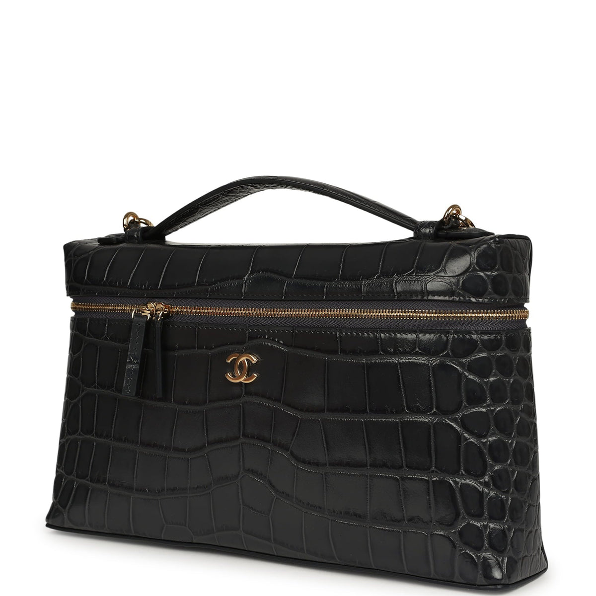 Chanel Large Top Handle Long Vanity Case Grey Croc Embossed Calfskin Gold Hardware