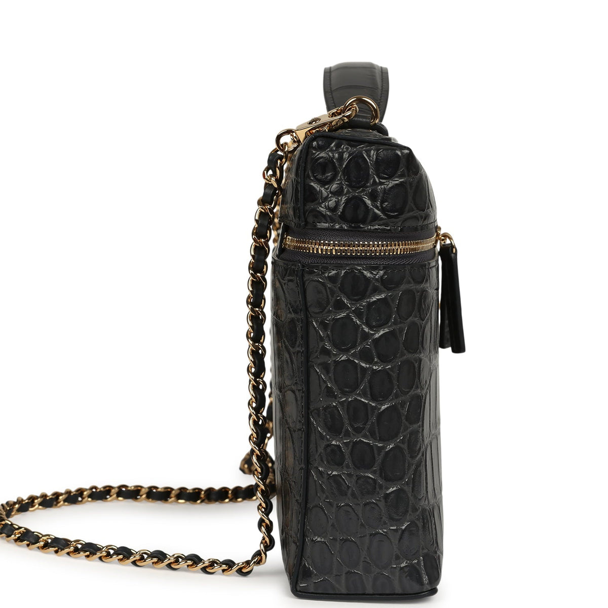 Chanel Large Top Handle Long Vanity Case Grey Croc Embossed Calfskin Gold Hardware