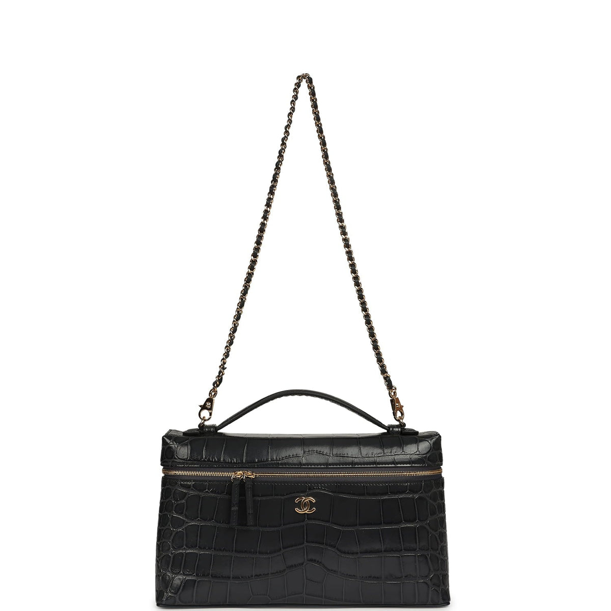 Chanel Large Top Handle Long Vanity Case Grey Croc Embossed Calfskin Gold Hardware