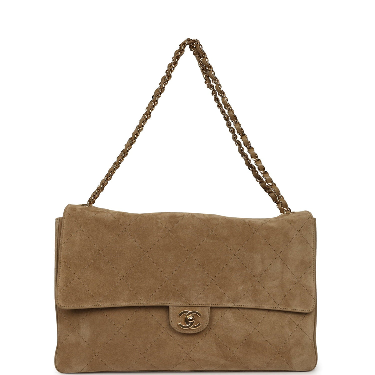 Chanel Maxi "Souplissimo" Large Flap Bag Dark Beige Suede Gold Hardware