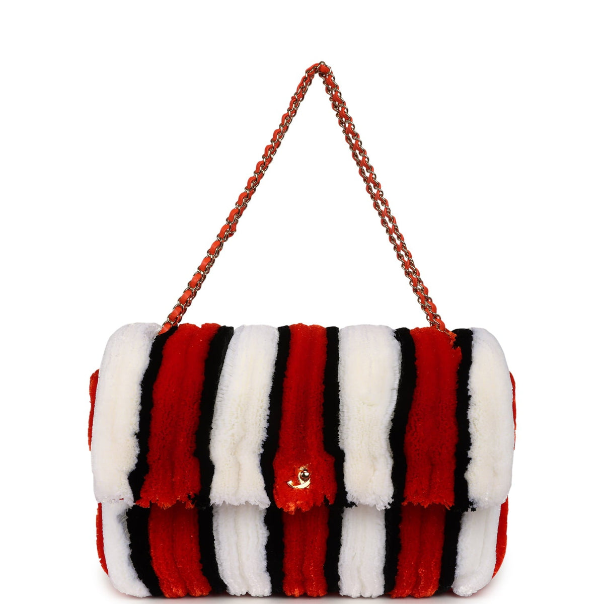Chanel Maxi Coco Beach Stripe Flap Bag Orange, White and Black Raffia Gold Hardware