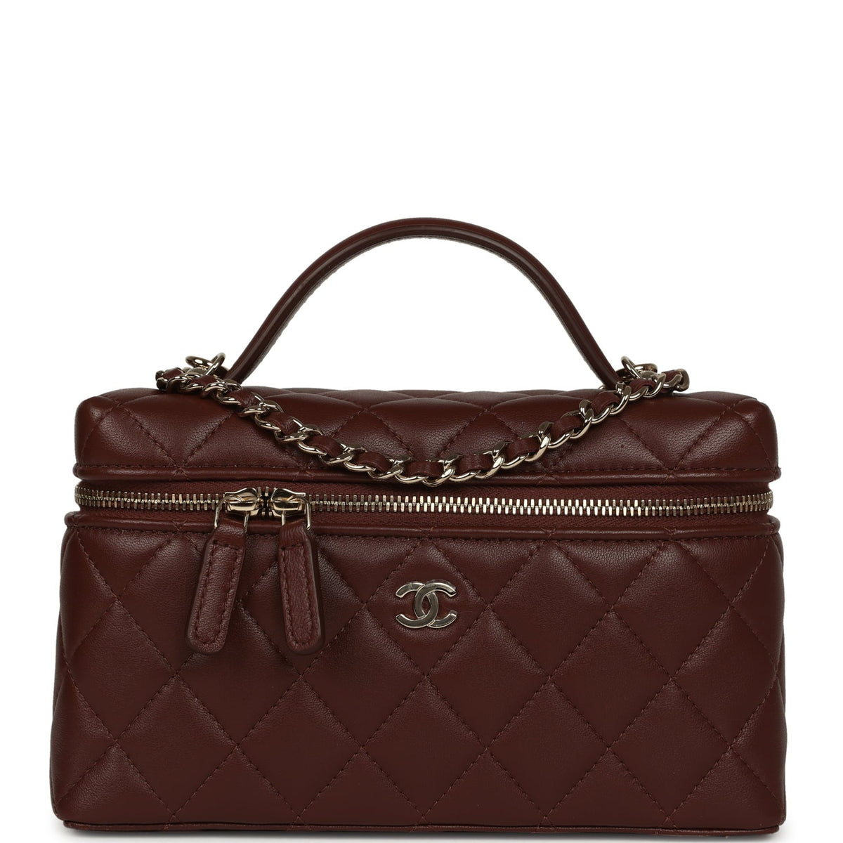 Chanel Top Handle Long Vanity Case with Chain Brown Lambskin Light Gold Hardware
