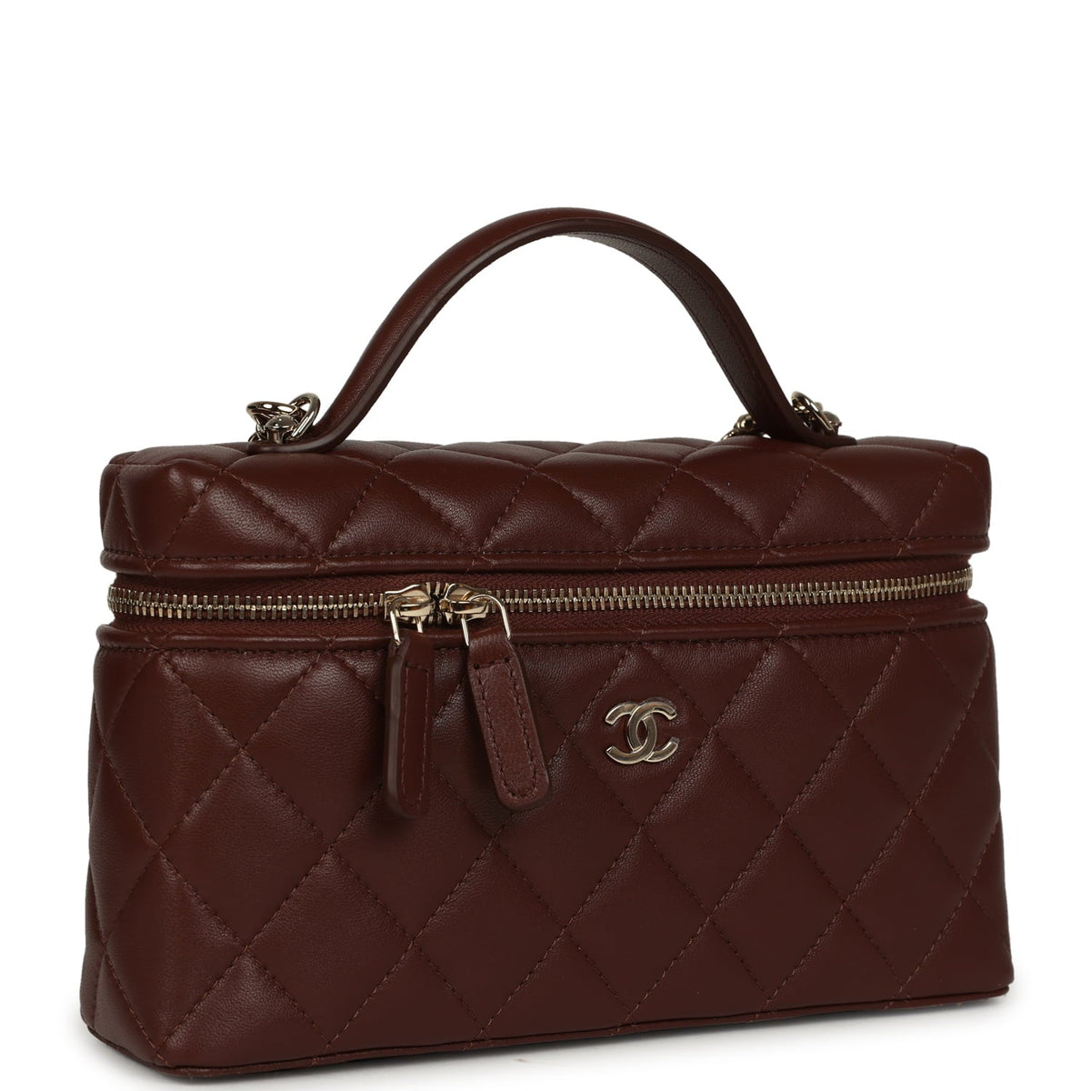Chanel Top Handle Long Vanity Case with Chain Brown Lambskin Light Gold Hardware