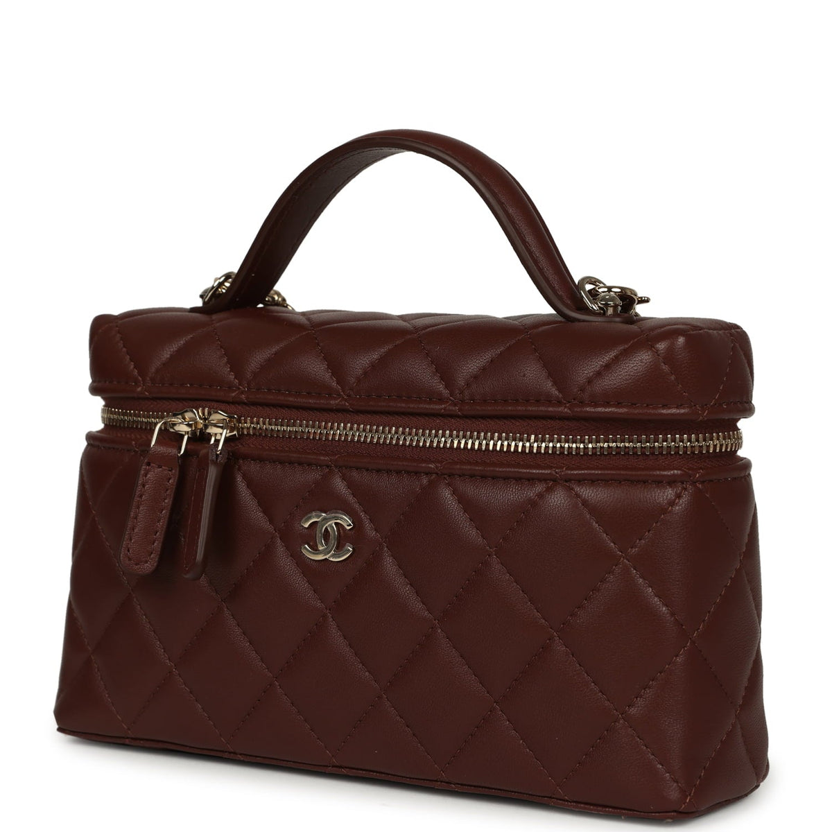 Chanel Top Handle Long Vanity Case with Chain Brown Lambskin Light Gold Hardware