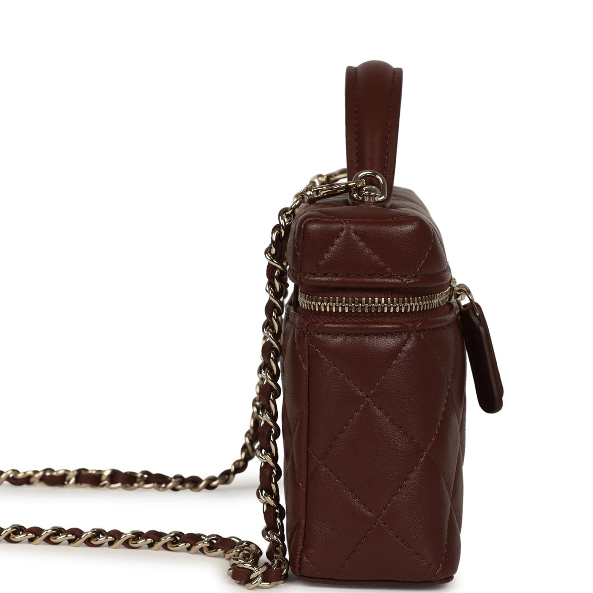 Chanel Top Handle Long Vanity Case with Chain Brown Lambskin Light Gold Hardware