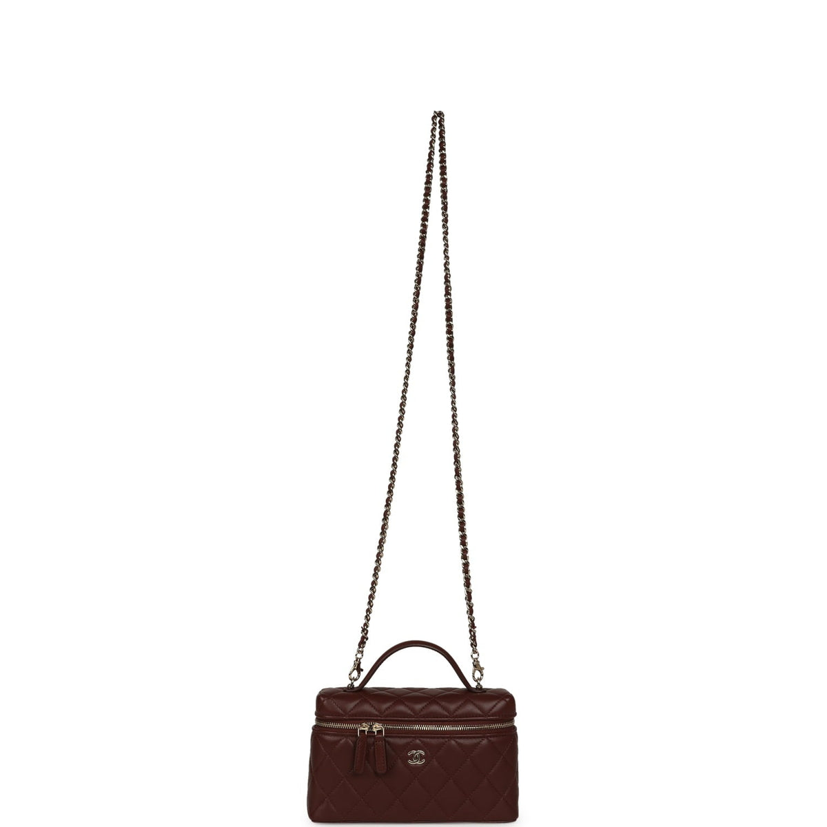 Chanel Top Handle Long Vanity Case with Chain Brown Lambskin Light Gold Hardware