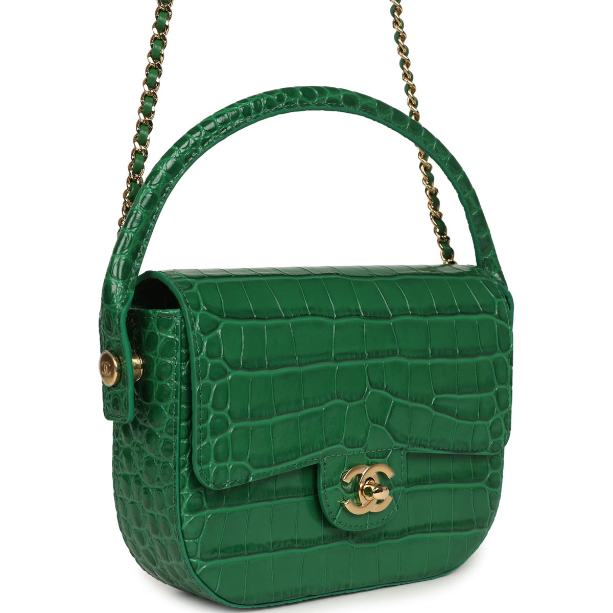 Chanel Mini Top Handle "Turn Around" Flap Bag Green Croc Embossed Calfskin Gold Hardware