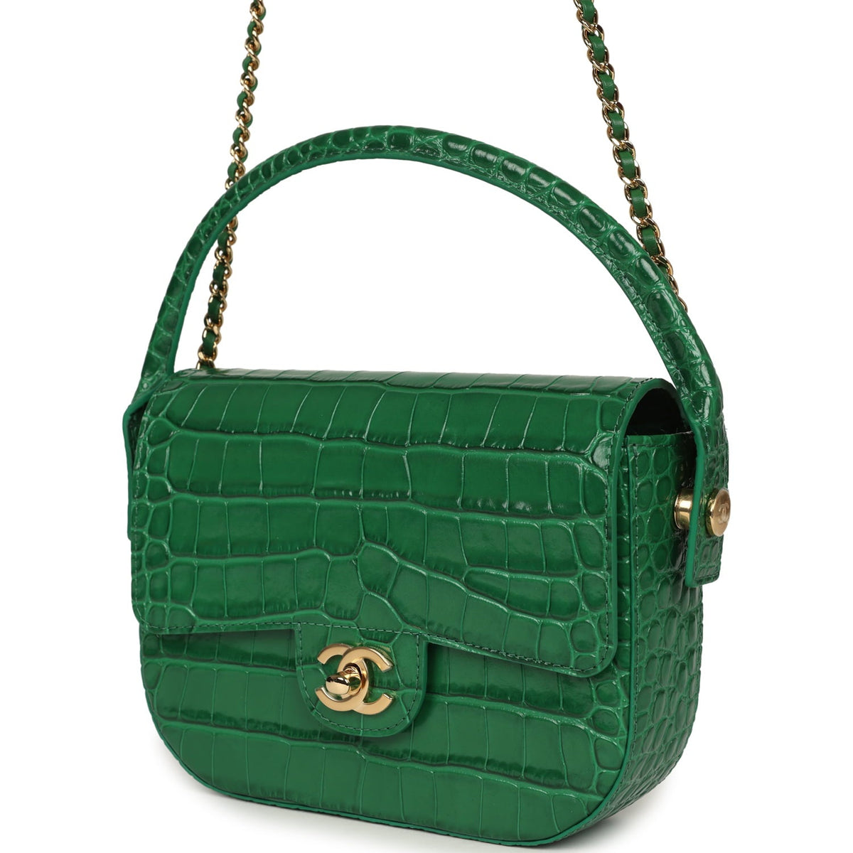 Chanel Mini Top Handle "Turn Around" Flap Bag Green Croc Embossed Calfskin Gold Hardware