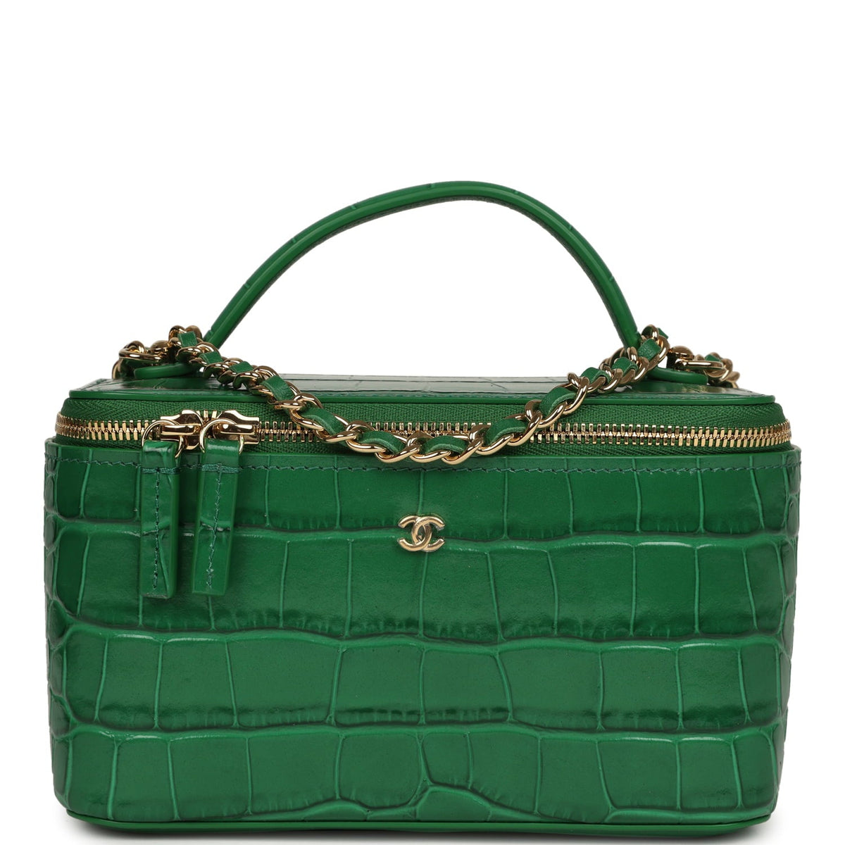 Chanel Small Top Handle Long Vanity Case Green Croc Embossed Calfskin Gold Hardware