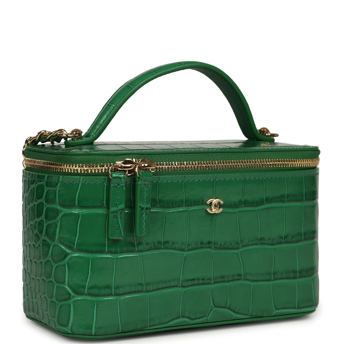 Chanel Small Top Handle Long Vanity Case Green Croc Embossed Calfskin Gold Hardware