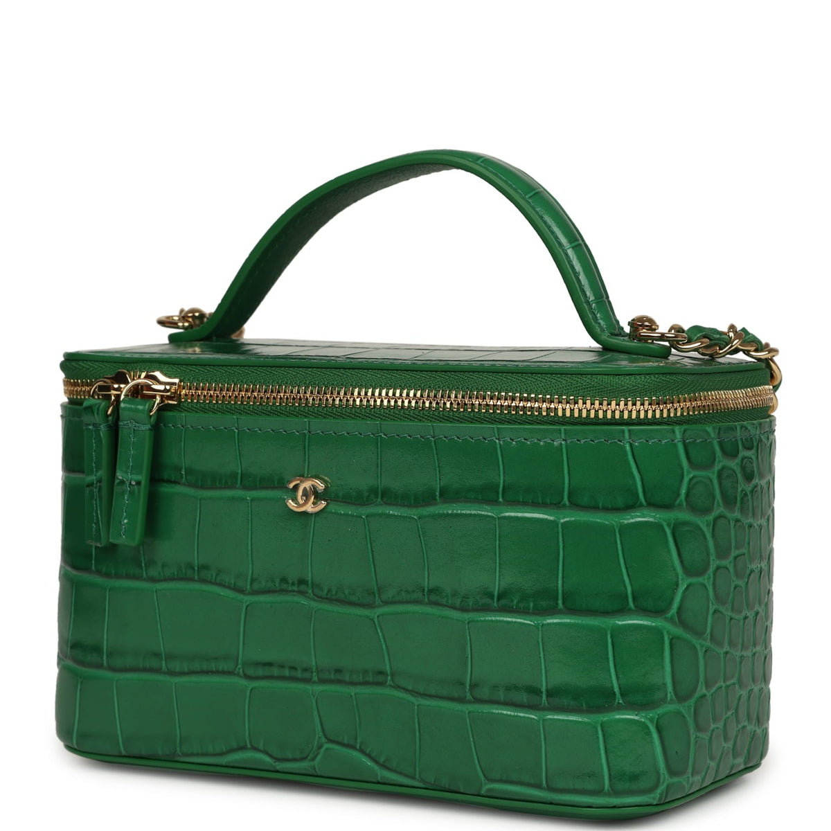 Chanel Small Top Handle Long Vanity Case Green Croc Embossed Calfskin Gold Hardware