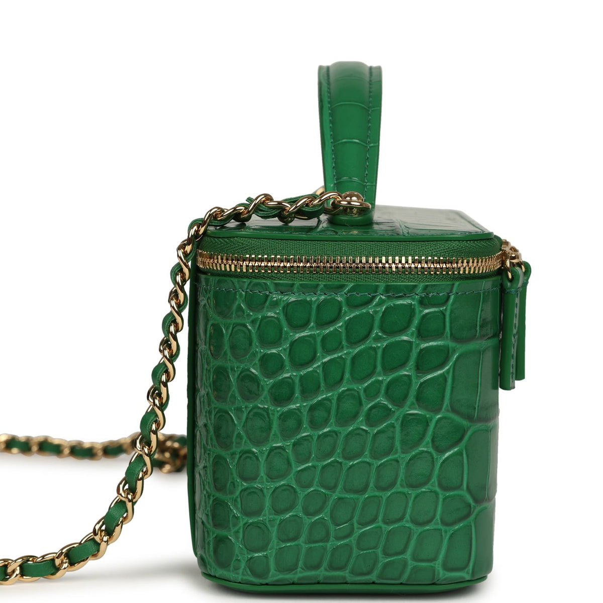 Chanel Small Top Handle Long Vanity Case Green Croc Embossed Calfskin Gold Hardware