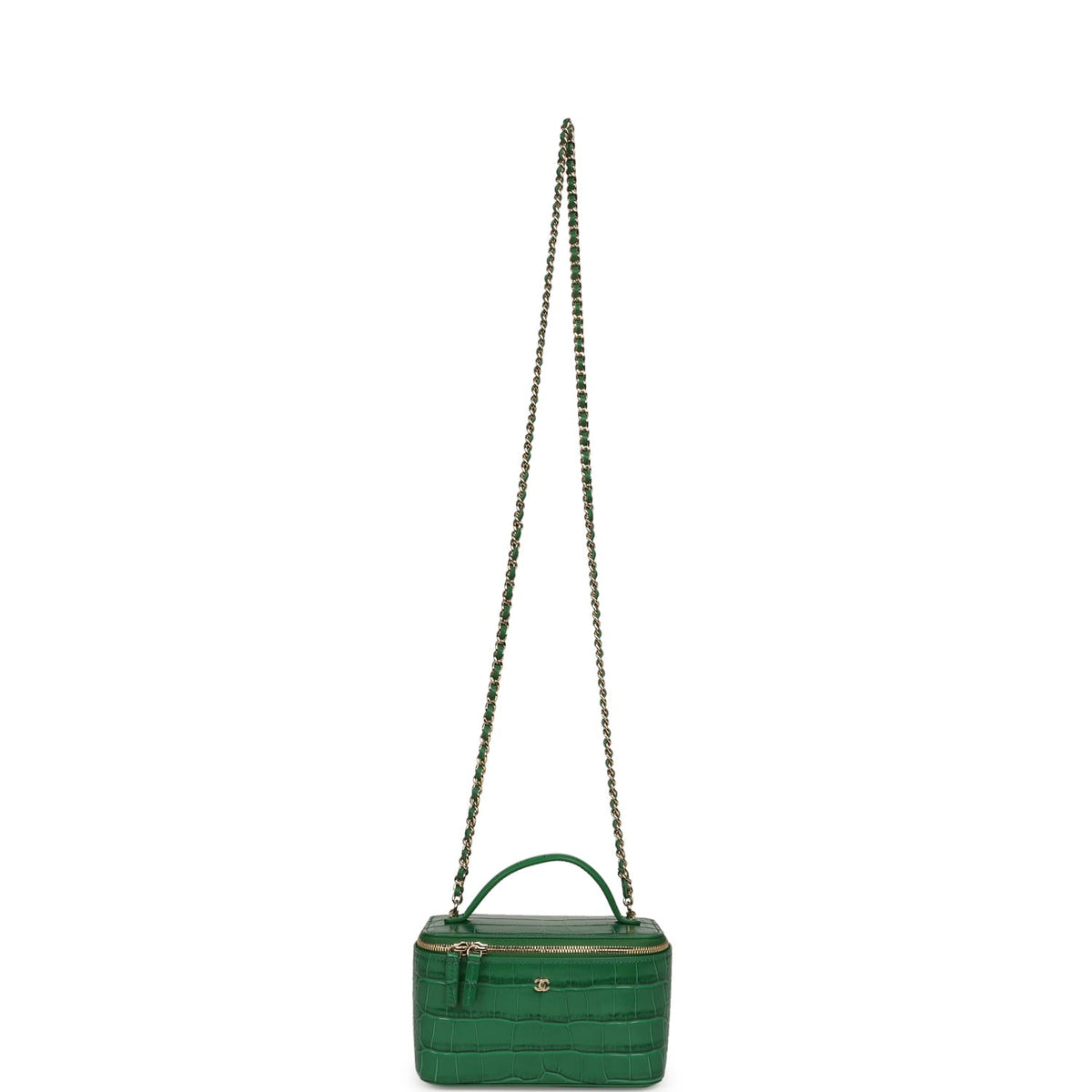 Chanel Small Top Handle Long Vanity Case Green Croc Embossed Calfskin Gold Hardware