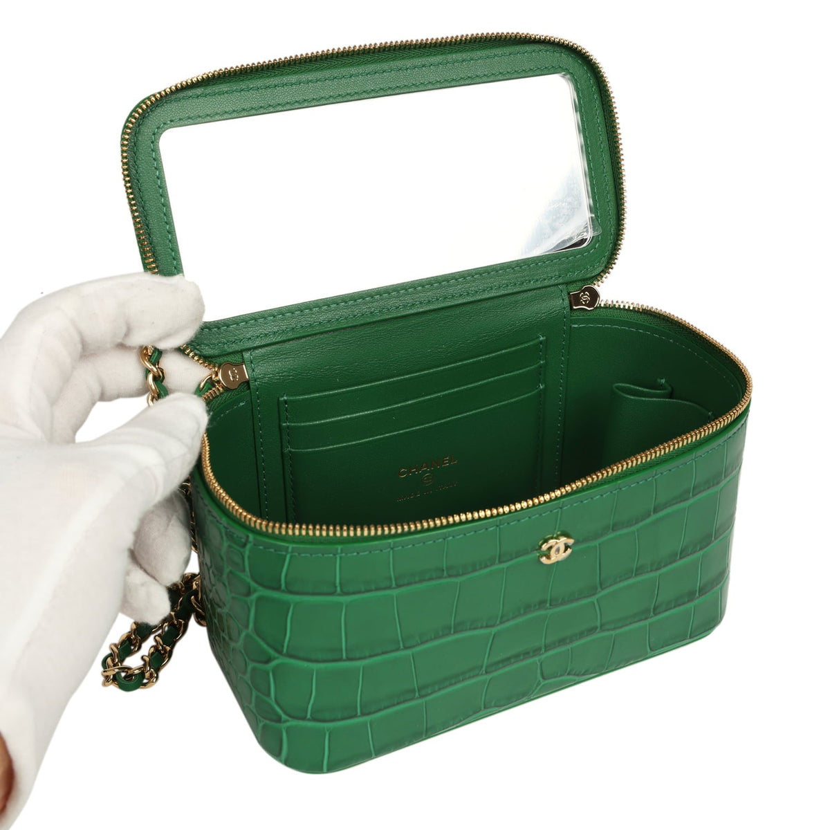Chanel Small Top Handle Long Vanity Case Green Croc Embossed Calfskin Gold Hardware