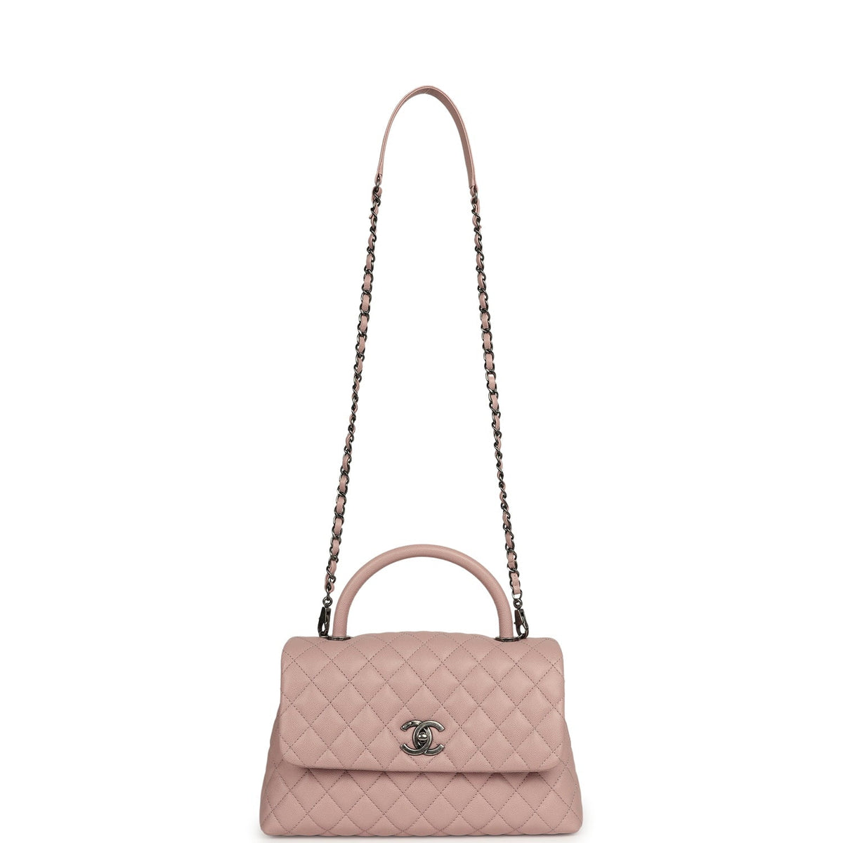 Pre-owned Chanel Medium Coco Handle Flap Bag Blush Caviar Aged Ruthenium Hardware