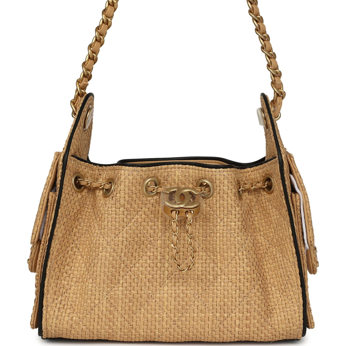 Chanel Mini 25 Hobo Bag Beige Raffia and Black Calfskin Antique Gold Hardware