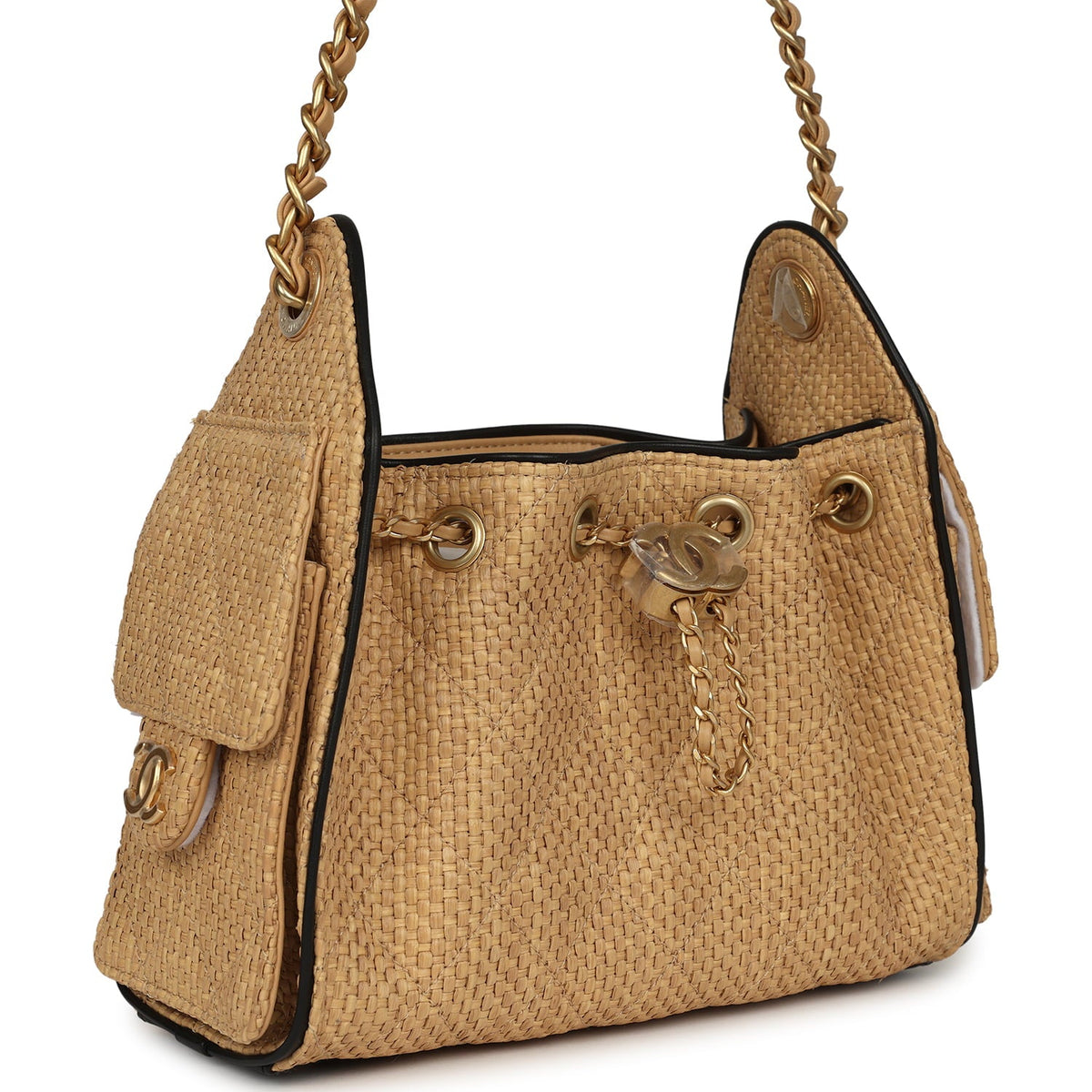 Chanel Mini 25 Hobo Bag Beige Raffia and Black Calfskin Antique Gold Hardware