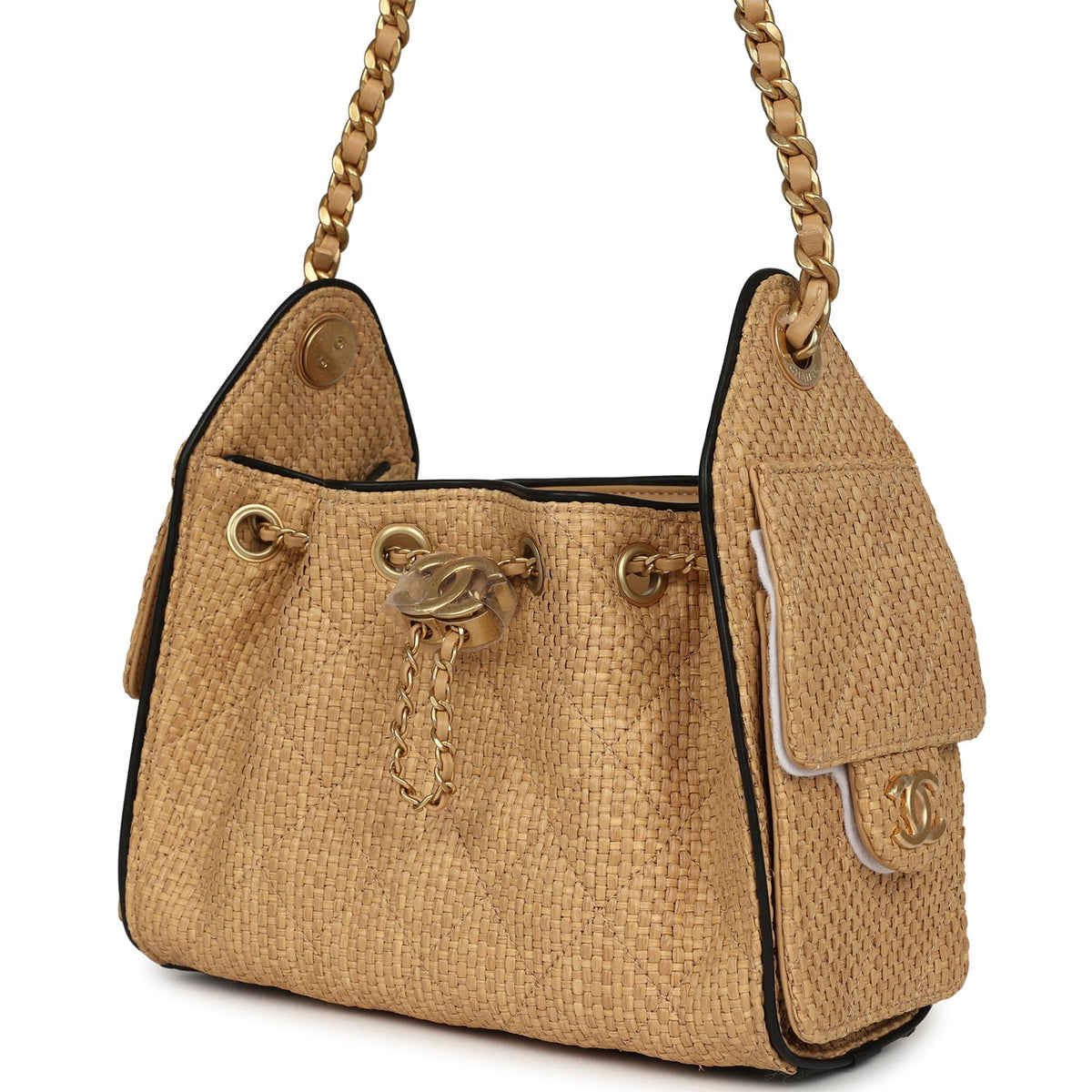Chanel Mini 25 Hobo Bag Beige Raffia and Black Calfskin Antique Gold Hardware