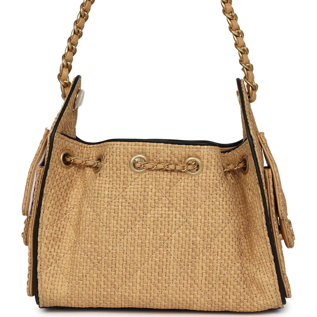 Chanel Mini 25 Hobo Bag Beige Raffia and Black Calfskin Antique Gold Hardware