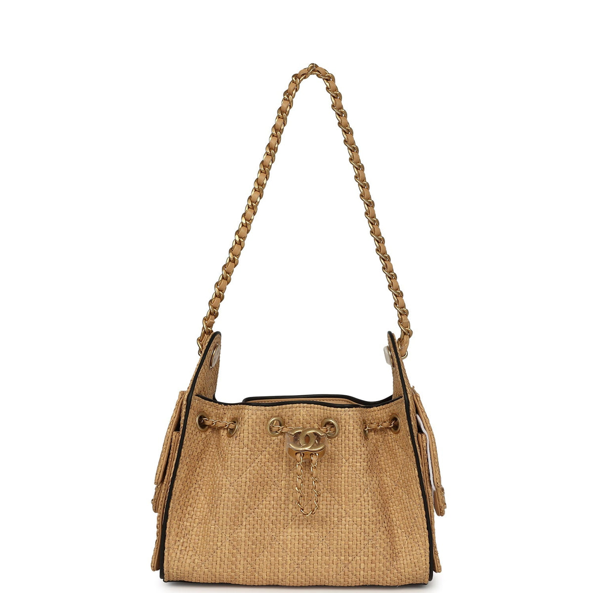 Chanel Mini 25 Hobo Bag Beige Raffia and Black Calfskin Antique Gold Hardware