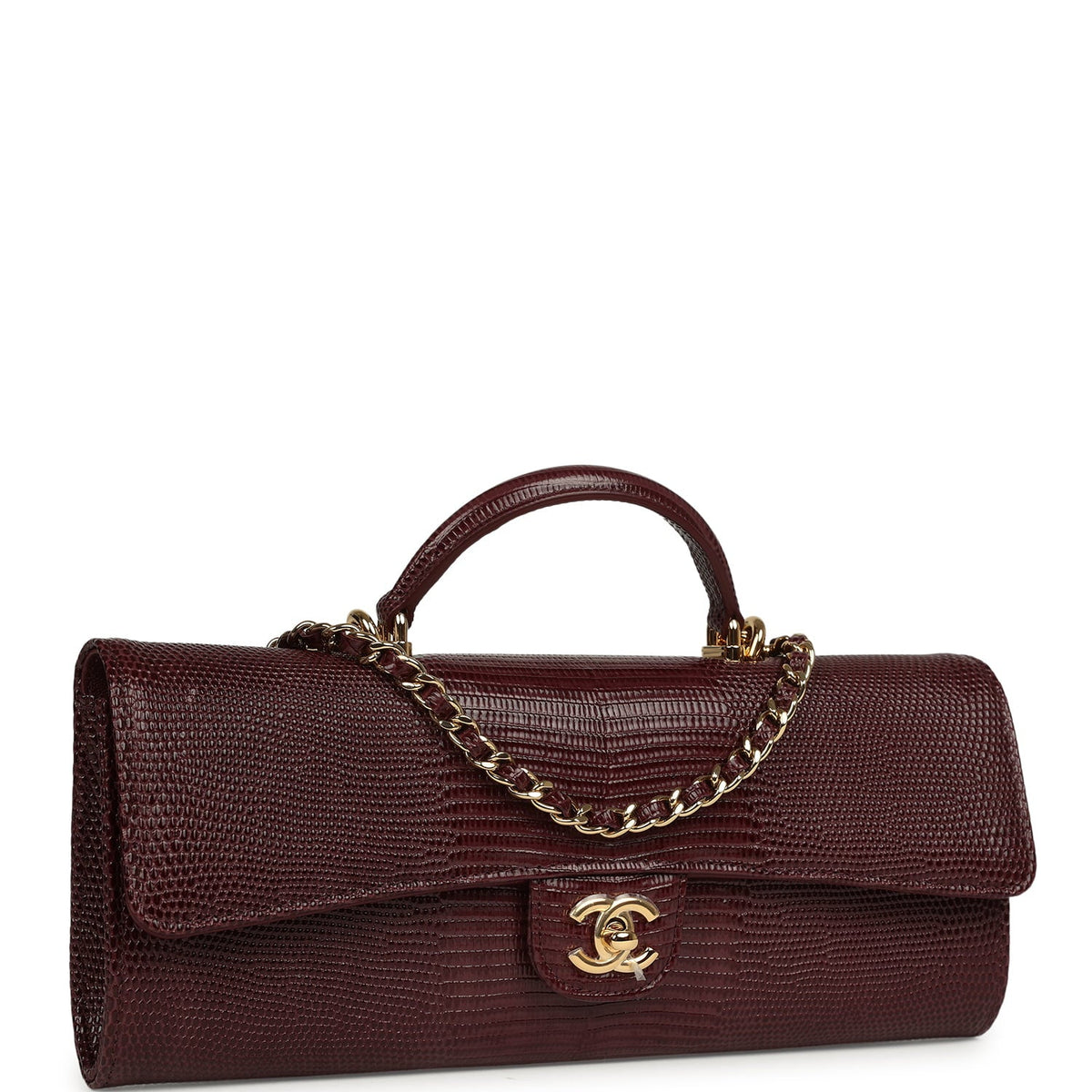 Chanel Long Top Handle Clutch with Chain Dark Burgundy Lizard Embossed Calfskin Gold Hardware