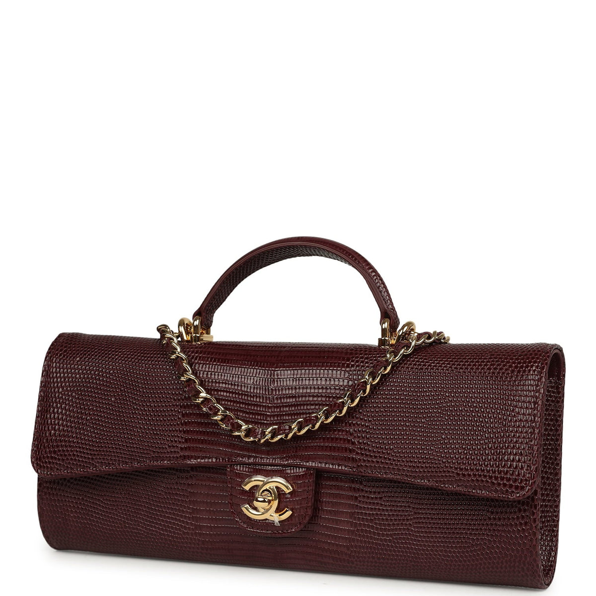 Chanel Long Top Handle Clutch with Chain Dark Burgundy Lizard Embossed Calfskin Gold Hardware